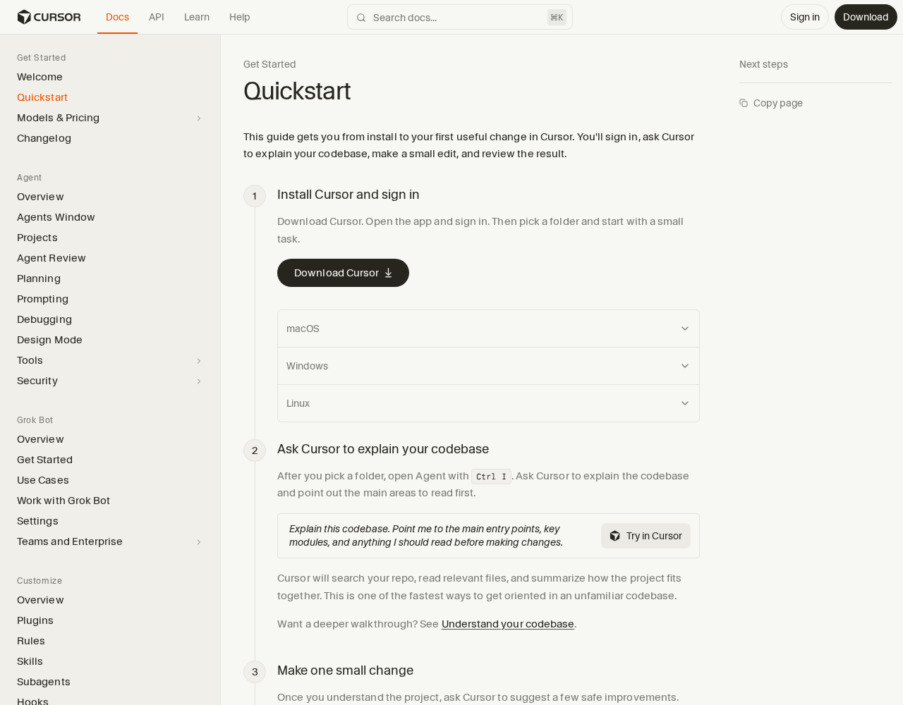 Cursor quickstart, September 25, 2026